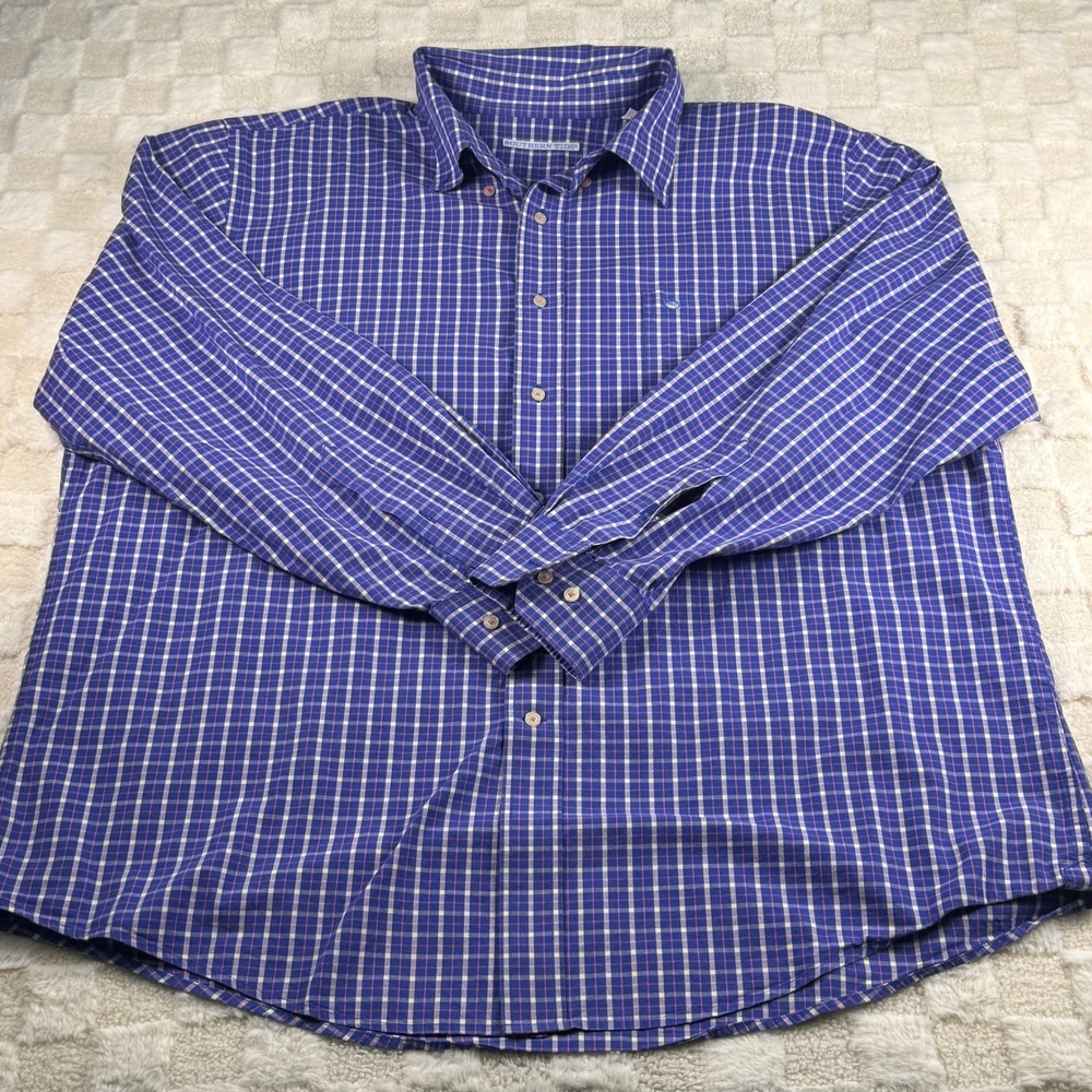 Southern Tide Mens XXL Blue Plaid Cotton Blend Skipjack Button Down Shirt